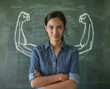 © RookStock - Strong and determined woman standing before a chalkboard with flexed muscle drawings, representing empowerment, resilience, and the strength of women in education and leadership