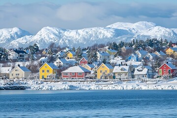 A picturesque winter scene of colorful wooden colorful houses, covered in snow, nestled on a snowy hillside beside a calm waterfront, surrounded by frosted trees and a mountainous backdrop.