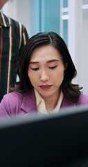 Aufkleber - Japanese, business woman and office tech with tablet, planning and developer professional. Database, coding and staff meeting with website update training and programming with discussion at desk
