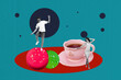 © deagreez - Creative artwork template sketch image 3D collage of couple friends date dance party sweet cake eat cup tea drink relax restaurant cuisine