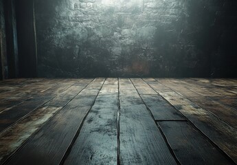 Poster - Dark Rustic Interior with Wooden Floor and Grungy Wall Perfect for Photography or Background Use in Artistic Projects and Creative Displays