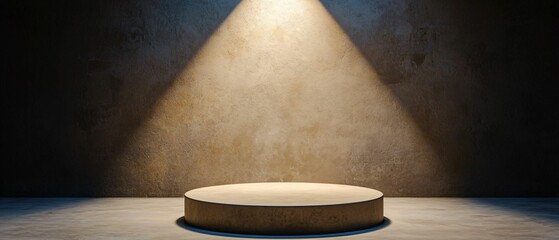 Poster - Podium and spotlighting, minimalist exhibition space. A minimalistic stage with a circular platform illuminated by a spotlight, set against a textured wall, creating an atmosphere of anticipation.