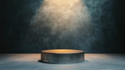 Poster - Podium and spotlighting, minimalist exhibition space. A circular podium illuminated by a spotlight in a dark, textured environment, creating a dramatic and focused atmosphere.