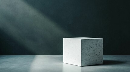 Poster - Podium and spotlighting, minimalist exhibition space. A minimalist, concrete cube sits on a smooth surface, illuminated by soft light against a dark background, creating a serene and modern aesthetic.