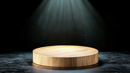 Poster - Podium and spotlighting, minimalist exhibition space. A wooden stage illuminated by soft light, creating a dramatic and inviting atmosphere for presentations or displays.
