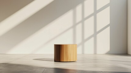 Poster - Podium and spotlighting, minimalist exhibition space. A minimalist wooden stool sits on a smooth floor, illuminated by soft shadows from large windows, creating a serene and modern atmosphere.