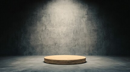 Poster - Podium and spotlighting, minimalist exhibition space. A circular podium illuminated by a spotlight in a dark, textured environment, creating a dramatic and focused atmosphere.
