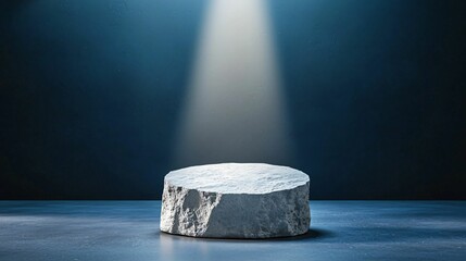 Poster - Podium and spotlighting, minimalist exhibition space. A solitary stone pedestal illuminated by a beam of light against a dark background, creating a dramatic and serene atmosphere.