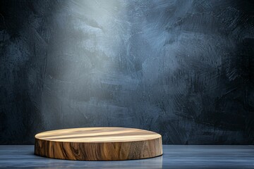 Poster - Podium and spotlighting, minimalist exhibition space. A wooden circular display stand illuminated by soft light against a textured dark background, ideal for showcasing products or art.