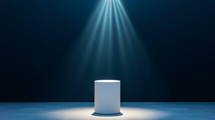 Poster - Podium and spotlighting, minimalist exhibition space. A sleek, illuminated pedestal stands alone under focused light, creating a dramatic atmosphere in a dark setting.