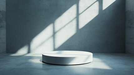Poster - Podium and spotlighting, minimalist exhibition space. A minimalistic circular platform in a room with soft lighting and shadows, creating a serene and modern atmosphere.