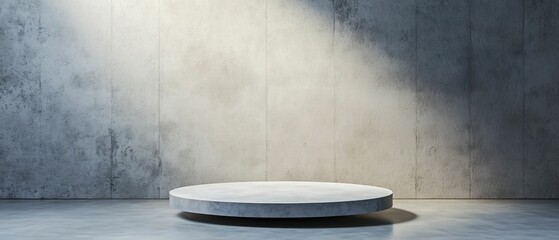 Poster - Podium and spotlighting, minimalist exhibition space. A minimalist circular platform on a concrete floor, illuminated by soft lighting against a textured wall, creating a modern and serene atmosphere.