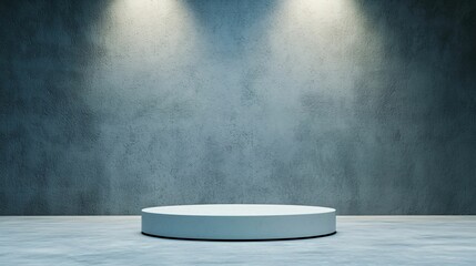 Poster - Podium and spotlighting, minimalist exhibition space. A minimalistic showcase platform illuminated by two overhead lights against a textured gray wall, ideal for presentations or displays.