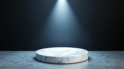 Poster - Podium and spotlighting, minimalist exhibition space. A minimalist, illuminated circular platform made of marble, set against a dark background, creating a dramatic and elegant ambiance.