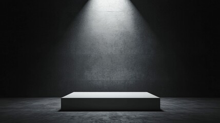 Poster - Podium and spotlighting, minimalist exhibition space. A minimalistic stage is illuminated by focused light, set against a dark background, creating a dramatic and contemplative atmosphere.