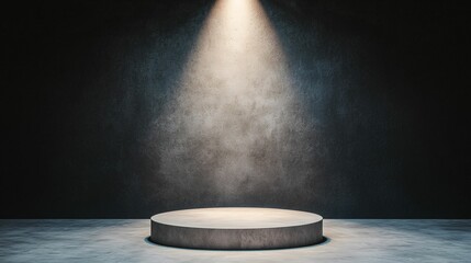 Poster - Podium and spotlighting, minimalist exhibition space. A minimalist spotlight illuminates a circular pedestal in a darkened space, creating a dramatic and focused atmosphere.