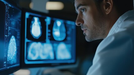 Poster - Doctor Examining Medical Scans on a Computer Monitor