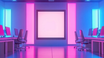Poster - Neon Lit Office Space With Blank Sign