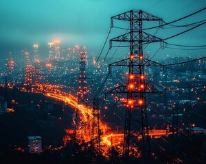 Poster - futuristic city powered by efficient smart grid technology at night