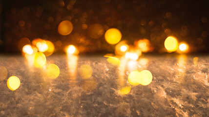 New Year winter holiday background with bokeh, blurred neon lights, snowflakes and frost