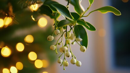 Poster - White Berries Hanging From Green Leaves Near Lights