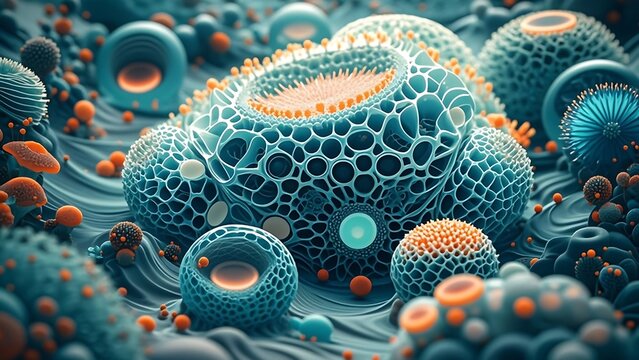 Abstract 3D render of intricate, bioluminescent, organic structures resembling cells or microorganisms.