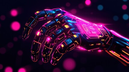 Poster - Neon Robotic Hand Reaching Out In Darkness