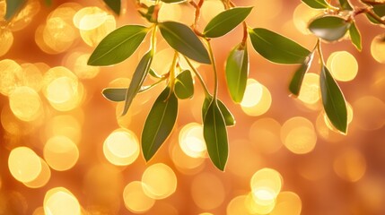 Poster - Green Leaves Silhouetted Against Golden Lights