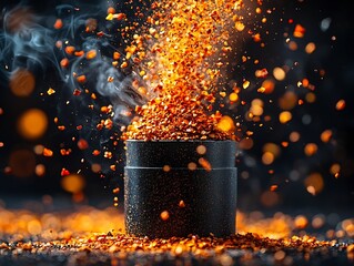 Poster - Fiery Chili Flakes Exploding from Pepper Grinder Spiciness Concept on Minimalist Background
