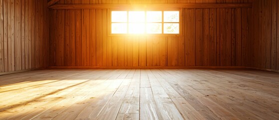Poster - Welcoming view and sunlight. A warm, sunlit wooden interior with large windows, showcasing a serene atmosphere and smooth wooden flooring.