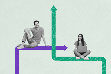 Poster - Composite trend artwork sketch image photo collage of copyspace arrow way direction point choose young lady man sit coworking smile laptop