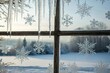 © Chanchai - Frosty windowpane design with snowflakes and icicles in a modern minimalist style, frostywindow, frosty, sleek, windowpane