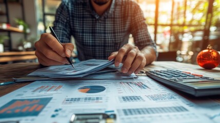 Poster - Person reviewing financial documents and graphs