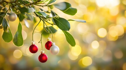 Poster - Festive Ornaments Adorn Green Branches In Golden Sunlight