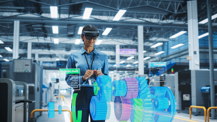 Fototapete - Female Engineer Wearing AR Headset in a High Tech Factory Uses Augmented Reality to Interact With 3d Holographic Engine, Manufacturing of Engines for The Future. Engineering Concept