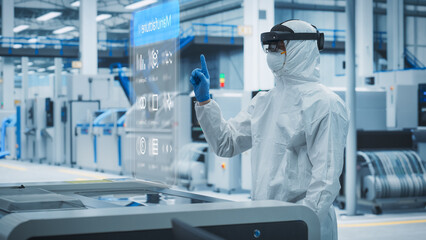 Fototapete - Sterile Coverall Wearing Engineer Uses Augmented Reality Headset to Interact With Complex 3D Holographic Model of Silicon Microchip in Manufacturing Facility, Precision Engineering of PC Hardware