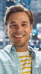 Aufkleber - Vertical Mobile Interface: Social Media Mockup App With Caucasian Male Blogger Post From New Travel Destination. Influencer Talking To Followers. Ideal Template for Social Media Posts and Stories.