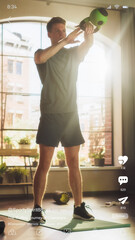 Aufkleber - Vertical Mobile Interface: Social Media Mockup App With Male Fitness Influencer Doing A Workout Routine, Showcasing Correct Way Of Exercise At Home. Ideal Template for Social Media Posts and Stories