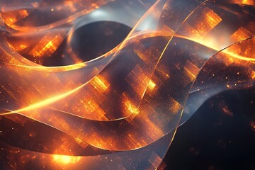 Wall Mural - glowing abstract orange waves with light particles