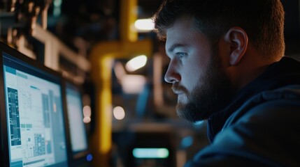 Poster - A Bearded Man Focused on a Computer Screen in a Dark Room