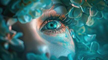 Poster - Captivating Artistic Poster Showcasing a Detailed Close-Up of an Eye Surrounded by Lush Floral Elements in Vivid Colors and Intricate Textures