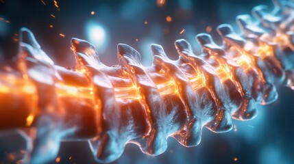 Poster - Detailed Digital Representation of a Human Spine, Showcasing the Unique Structure and Intricacies of the Vertebral Column with Illuminated Elements in Vivid Colors