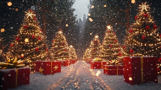 Illuminated Christmas trees with red and golden garlands