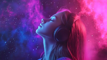 serene girl listens to music in cosmic landscape