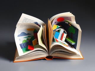 a symbolic book unfolds into a surreal landscape. its pages transform into trees paths and stars sym
