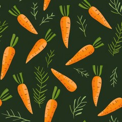 Poster - Minimalist Seamless Carrot Pattern for Fabric Design Featuring Vibrant Carrots and Greenery on Dark Background, Perfect for Textiles and Craft Projects