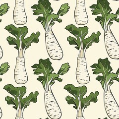 Poster - Minimalist Seamless Pattern Featuring Daikon Radishes Suitable for Fabric or Wallpaper Design, Ideal for Modern Home Decor and Culinary Themes