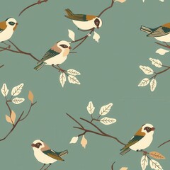 Poster - Minimalist Seamless Pattern Featuring Charming Sparrows on Branches, Perfect for Fabric Design and Home Decor Projects