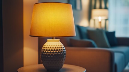 Poster - A close-up of a lamp with a yellow shade on a wooden table in a dimly lit room
