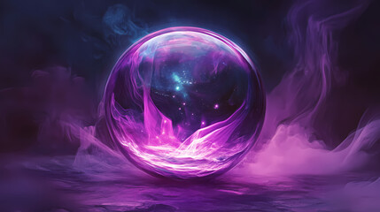 Wall Mural - Crystal ball with purple smoke and galaxy reflections. Starry Cosmos Reflections. Illustration